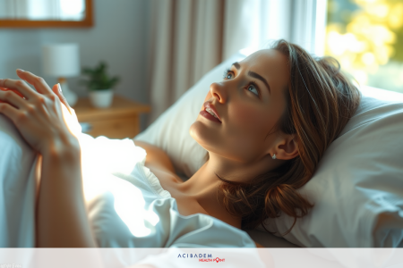The image is a staged photograph of a woman lying in bed, appearing to be resting or possibly daydreaming. The setting includes soft lighting that suggests an indoor environment.