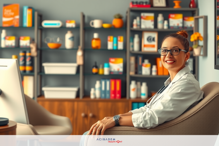 A woman is sitting in a chair, smiling at the camera. She appears to be a healthcare professional due to her white coat and the pharmacy setting around her.
