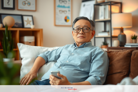 The image portrays a middle-aged Asian man sitting on a couch in living room. He's wearing a blue shirt and glasses.