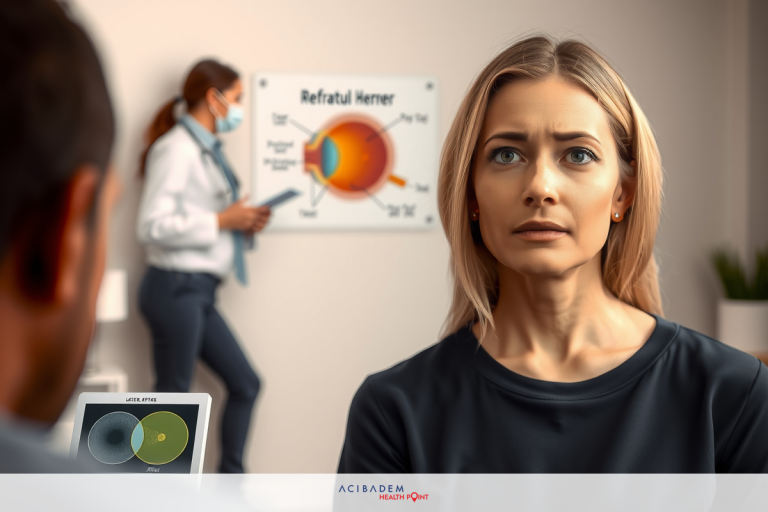 In the image, there are two women in a room. One woman is standing and appears to be engaged with a display or board that contains diagrams or graphs related to health or medical topics. The other woman is seated, looking up at her companion, possibly indicating a question or concern about the content on the display.