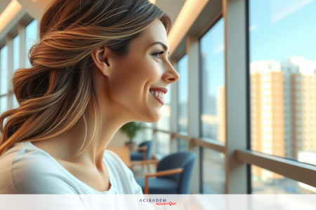 A woman with long blonde hair is seated at a desk in an office, looking out of the window with a smile. She wears a light-colored top and appears to be enjoying her workday.
