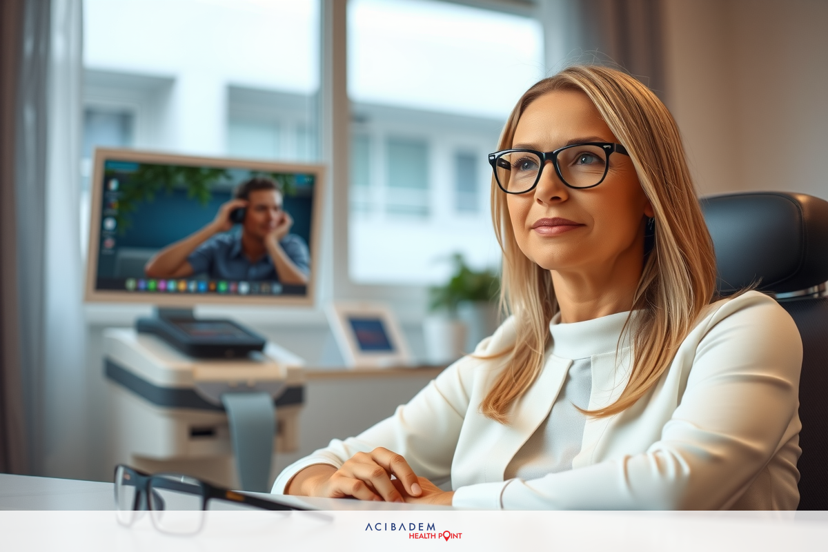 A woman wearing glasses sits at a desk in an office environment. She is dressed professionally with a light-colored suit and her blonde hair is styled short. The office setting includes a computer monitor.