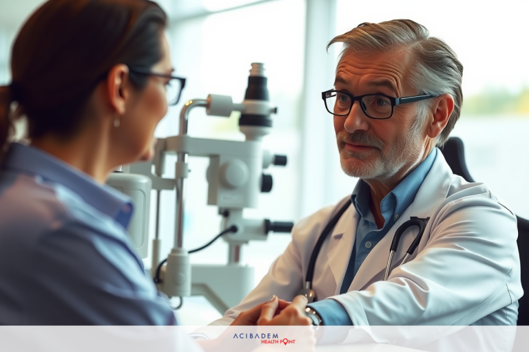 Can Laser Eye Surgery Cause Cataracts? In the image, we see a professional setting with two individuals engaged in what appears to be a medical consultation. The person on the left is seated and being attended by the standing individual.