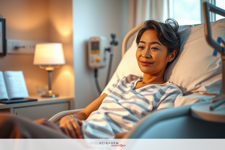The image depicts a woman sitting in a hospital bed. She has light skin, short hair, and is smiling at the camera. Her clothing suggests she's either a patient or a medical professional.