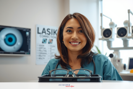 The image shows a woman wearing a white lab coat, sitting behind a table with a large monitor displaying what appears to be the retina of an eye. She has short brown hair and is smiling at the camera.