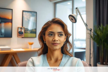 The image depicts a woman sitting at an office desk. She is wearing a blue top and appears to be in the middle of a conversation or work meeting, as suggested by her focused expression.