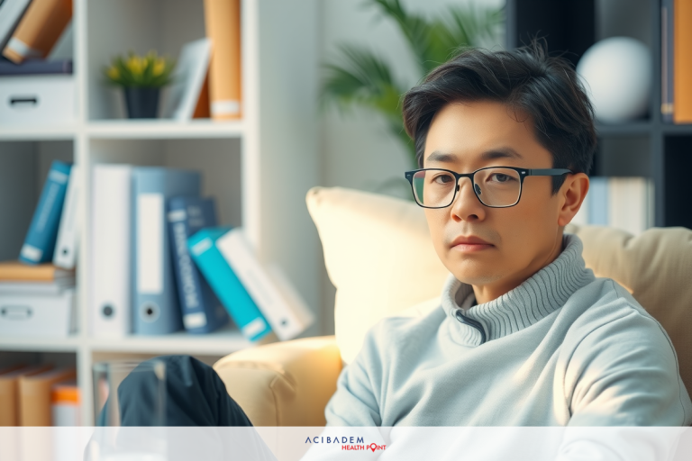 Can You Drink Alcohol Before Laser Eye Surgery? A young Asian man with glasses is seated on a couch in a modern home office setting. He wears a casual beige sweater and appears thoughtful or relaxed.