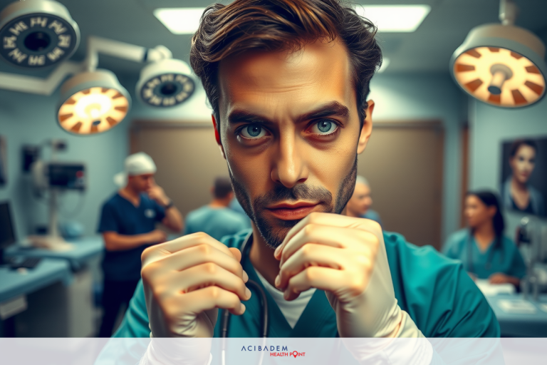This is a promotional image featuring a man in a medical setting. He is wearing surgical attire and appears to be portraying the role of a surgeon or medical professional.
