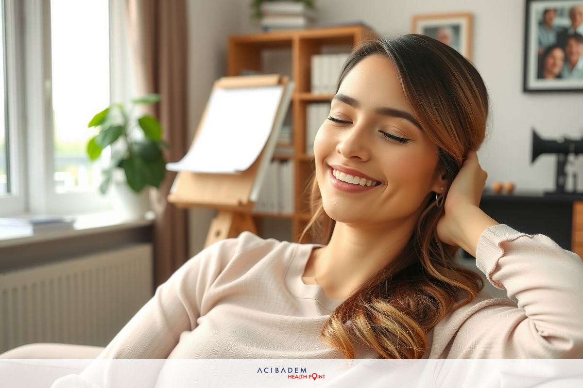 A woman seated in a comfortable chair, leaning back with her eyes closed and a peaceful expression on her face. She is wearing a light-colored top and has long hair.