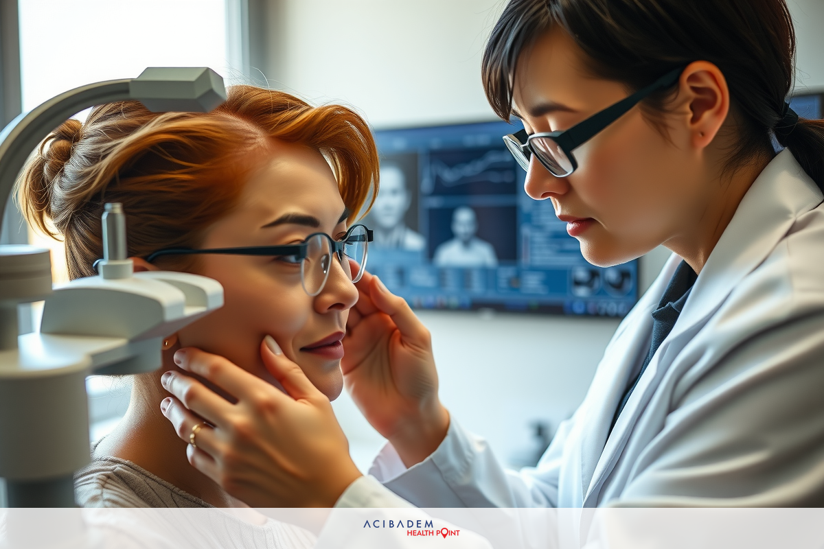A female optometrist is examining a patient's eyes with an eye scope. The patient is sitting in a chair with their head resting against the eye scope.