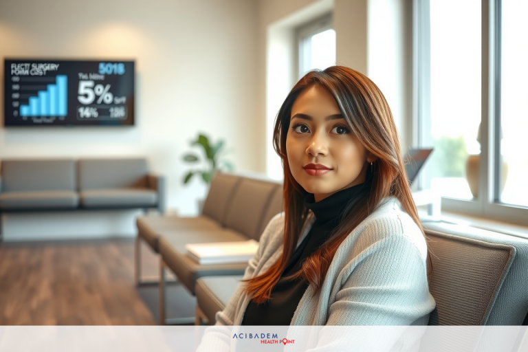 How Much is The Average Cost of Rhinoplasty A modern business setting with a professional woman dressed in a suit and tie seated at a table, looking contemplative. The environment is well-lit with a contemporary design featuring sleek furniture.