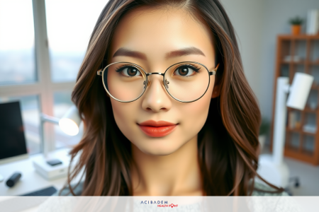 The image shows a woman with glasses and red lipstick. She is wearing a casual outfit, possibly denim, and her hair is styled in loose waves.