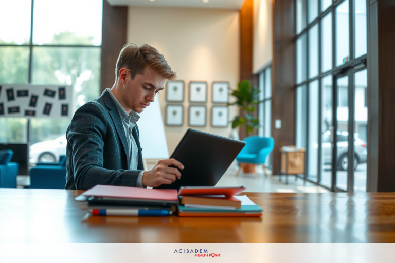 Can FSA be Used for LASIK Eye Surgery? A young man sitting at a wooden desk, focused on his tablet. He is wearing a suit and tie, suggesting a professional environment.