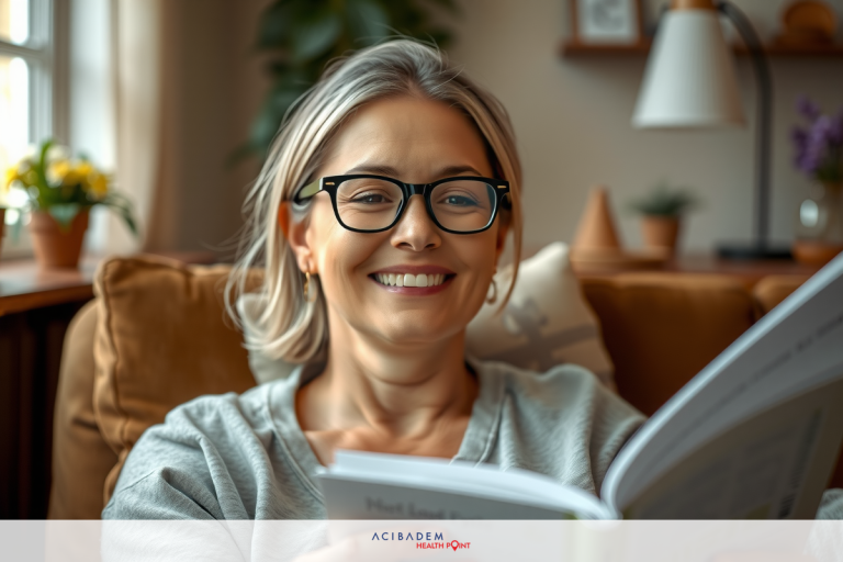 The image shows a woman sitting on a couch, holding a book and reading. She is smiling, suggesting she is enjoying the content of the book. The room has soft lighting and a comfortable atmosphere.