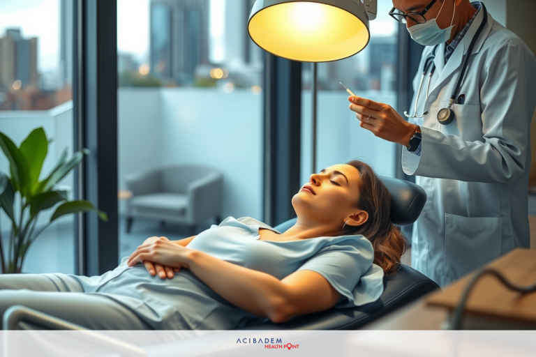 One healthcare professional in a modern clinic setting. The woman is lying on an examination table, while the man, possibly another doctor or nurse, stands behind her using electronic equipment.