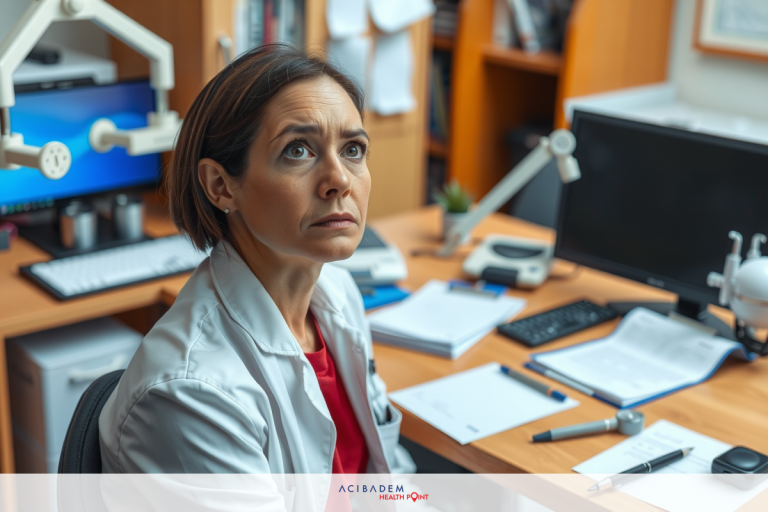 The image shows a female scientist or medical professional sitting at a desk in what appears to be a laboratory setting. She is wearing a white coat, which is often associated with medical professionals, suggesting she may be a doctor or researcher.