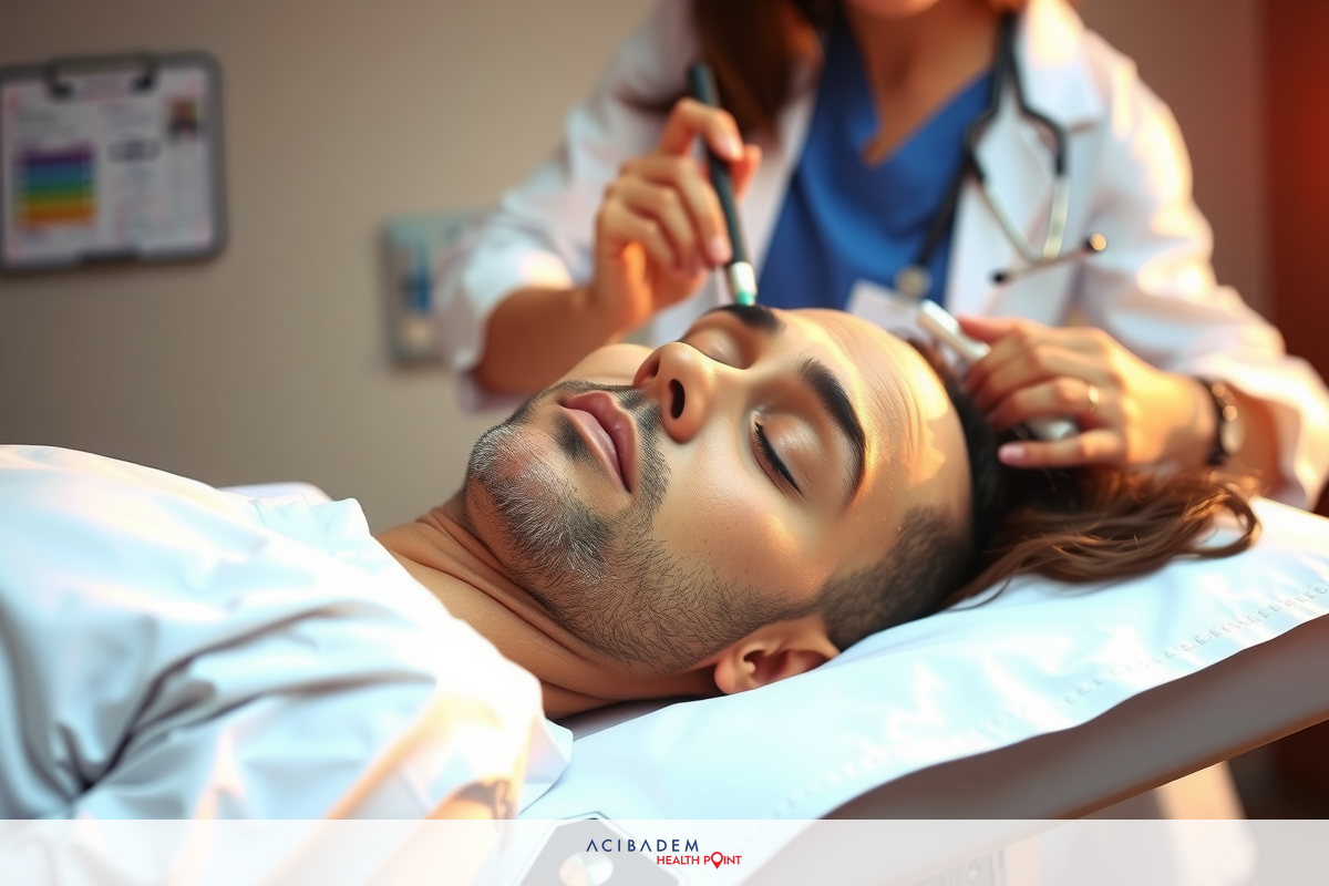 A man receiving a haircut from a barber in an indoor setting with medical personnel assisting. The focus is on the face and upper body of the patient.