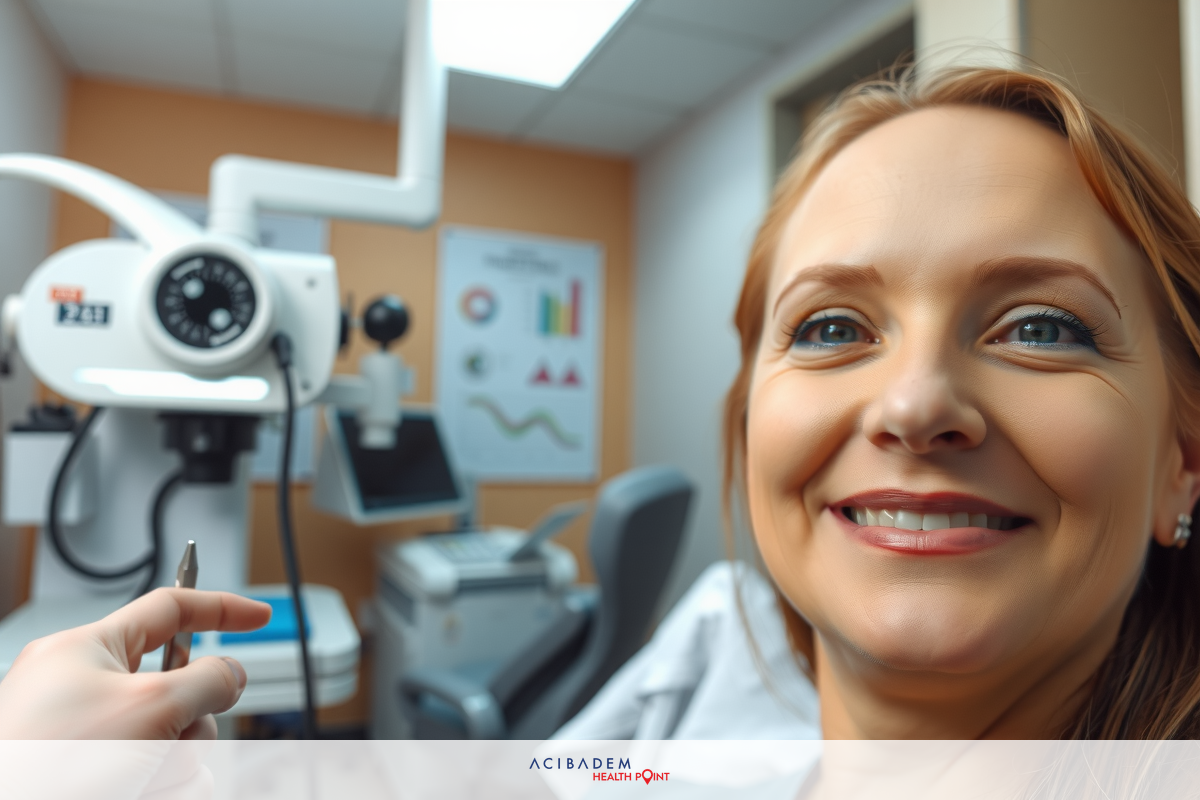 The image features a woman in a medical office setting. She is seated comfortably with her head resting on an adjustable chair, wearing protective eyewear.