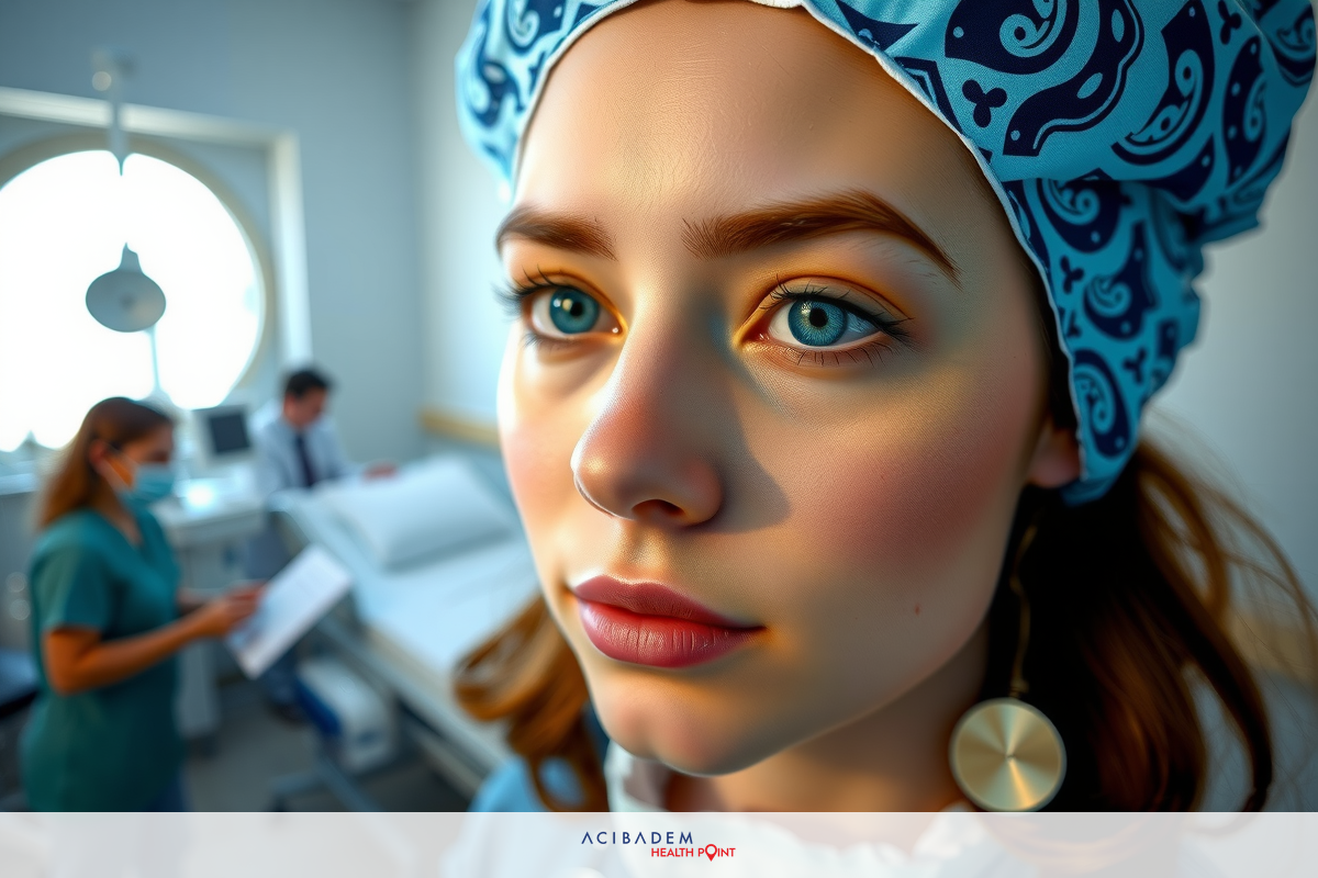 The image features a woman with her face covered by a blue surgical mask and she is wearing an eye patch, suggesting a medical or surgical setting.