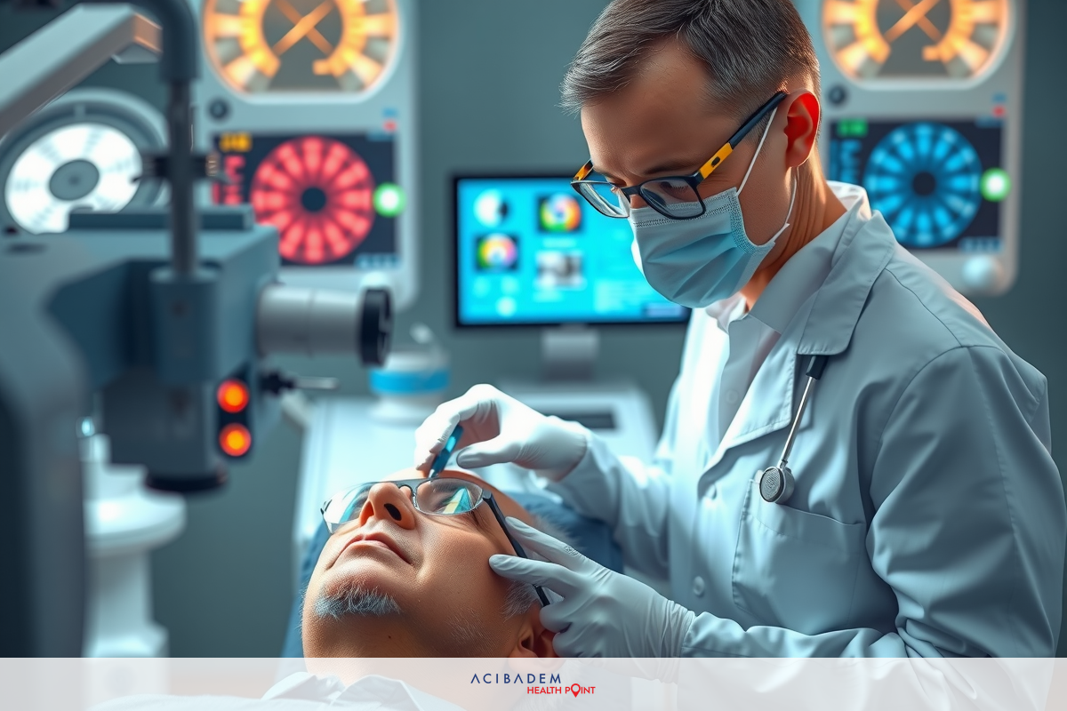 The image shows a medical professional in protective gear performing an examination on a patient. The clinician is wearing a surgical mask, gloves, and a face shield, indicating a sterile or health-conscious environment.