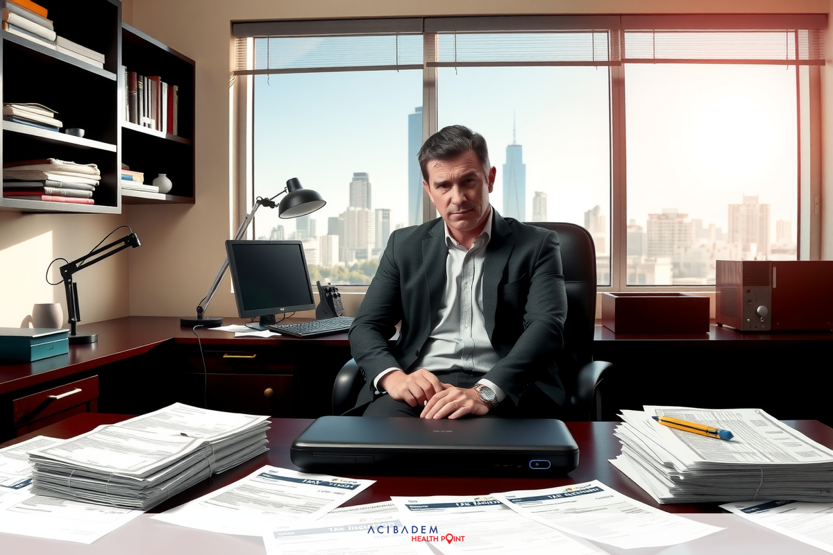 Man in suit sitting at desk with cityscape, books, papers and computer. Focus on documents and man's professional appearance.