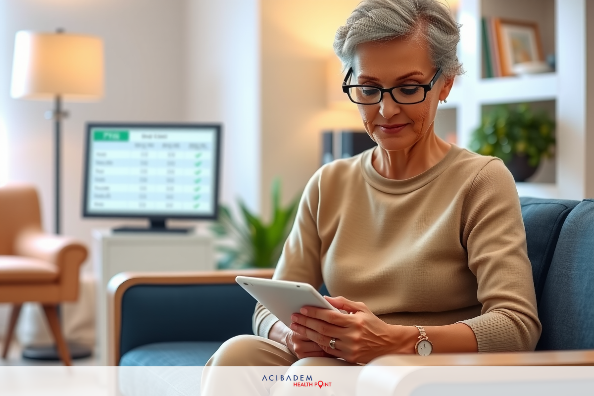 An older woman sitting on a sofa, looking at her tablet. The setting appears to be a modern living room with comfortable seating and a television.