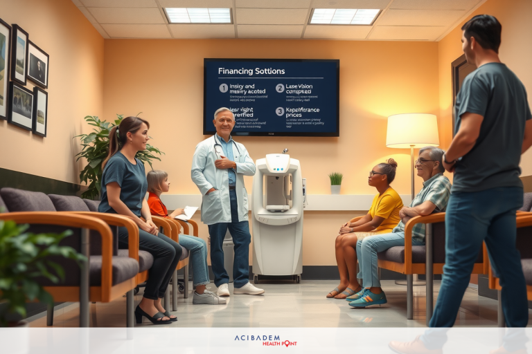 An image of a healthcare office waiting area. A doctor is presenting to patients and staff about financial options available for medical care.