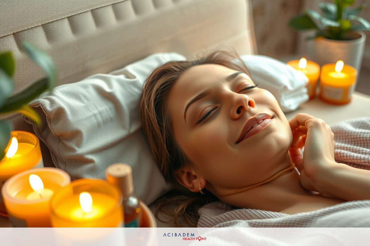 A woman is seen in a relaxed and comfortable state, laying down with eyes closed. She's smiling peacefully amidst an environment that features soft lighting, pillows for support, and multiple candles providing a warm glow around her.