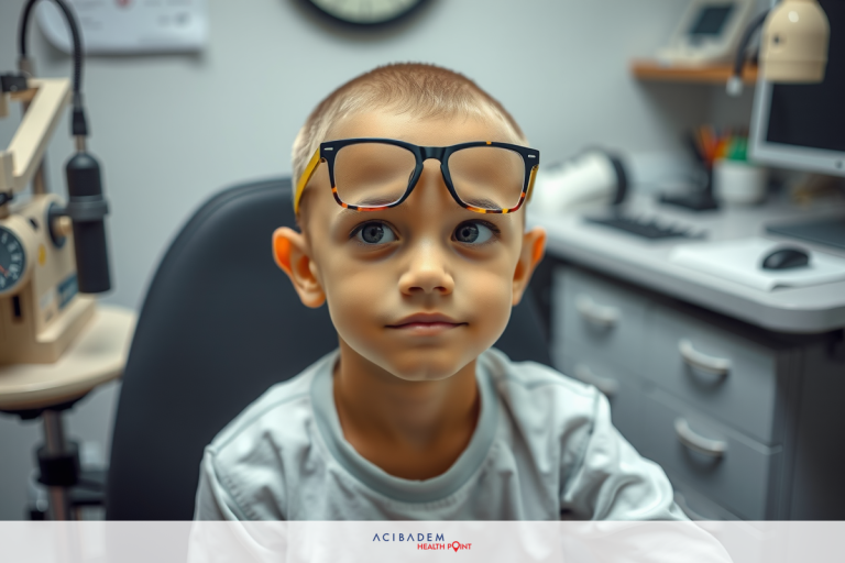 A young child, possibly a toddler or pre-schooler, is wearing glasses and sitting in an eye doctor's office. The child has a slightly perplexed look on their face while looking directly at the camera.