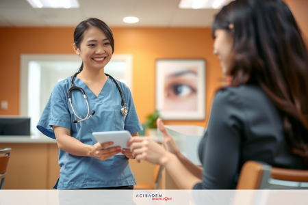 A professional setting with a female doctor dressed in a white lab coat, standing and smiling at her patient. The room has modern furniture and is decorated with medical posters.
