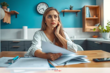 A woman in a kitchen, wearing a white top. She looks stressed or unhappy as she looks at the papers.