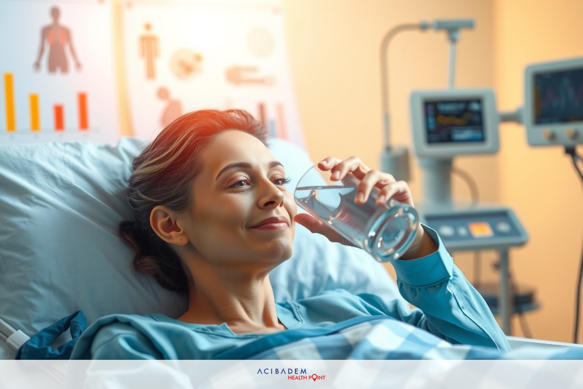 A woman in a hospital bed drinking water, possibly during treatment or recovery. Medical equipments are visible around her.