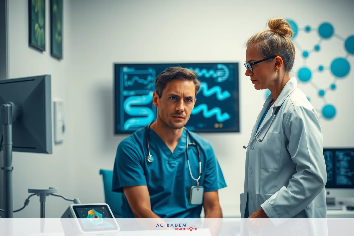 The image depicts a medical setting with two individuals dressed in professional attire that suggests they are healthcare workers. The person on the left appears to be a nurse or medical assistant, wearing a light blue uniform, while the individual on the right is wearing a white coat and dark pants, indicative of a doctor's attire.