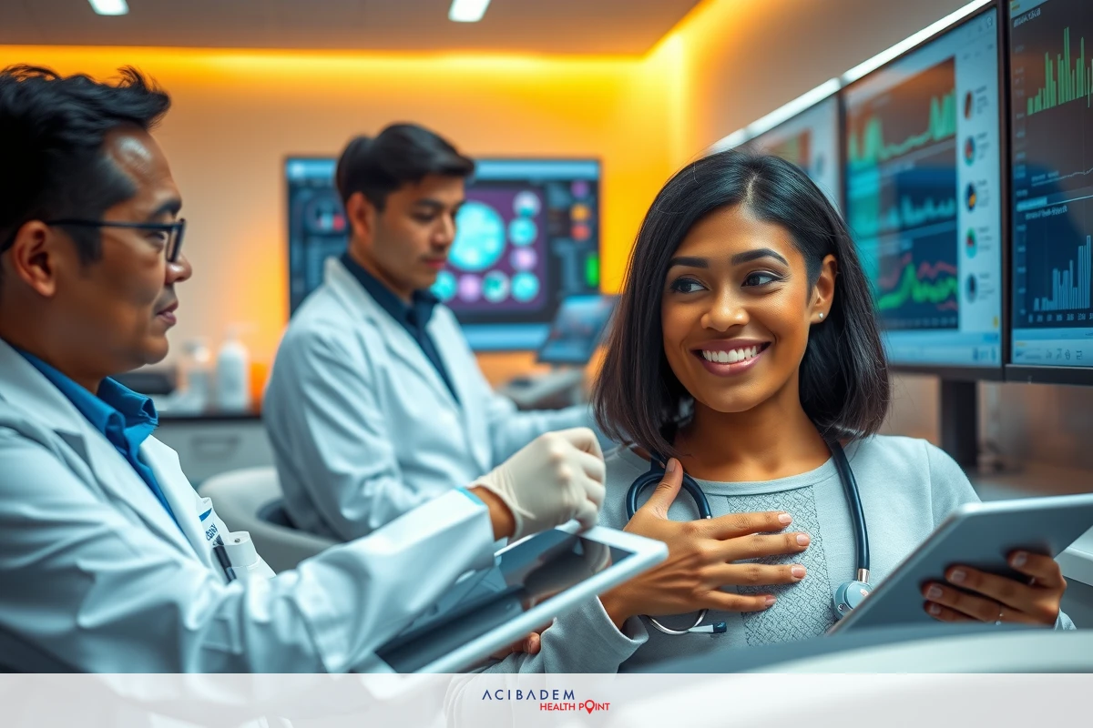 The image depicts a medical professionals in an environment that appears to be a healthcare or diagnostic facility. The people are dressed in white coats which is typical attire for doctors, and one individual seems to be interacting with the others by pointing at something on a tablet screen.