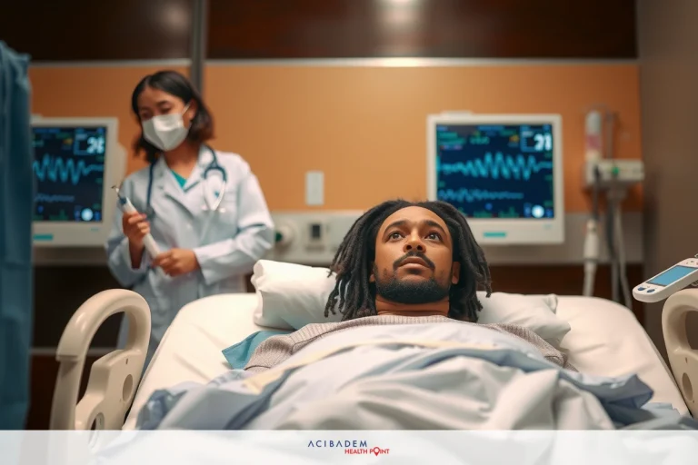 When Can I Bathe After Hip Replacement Surgery? The image shows a hospital setting with medical staff. A patient is lying on a bed, connected to medical equipment. The environment suggests a clinical and sterile atmosphere.