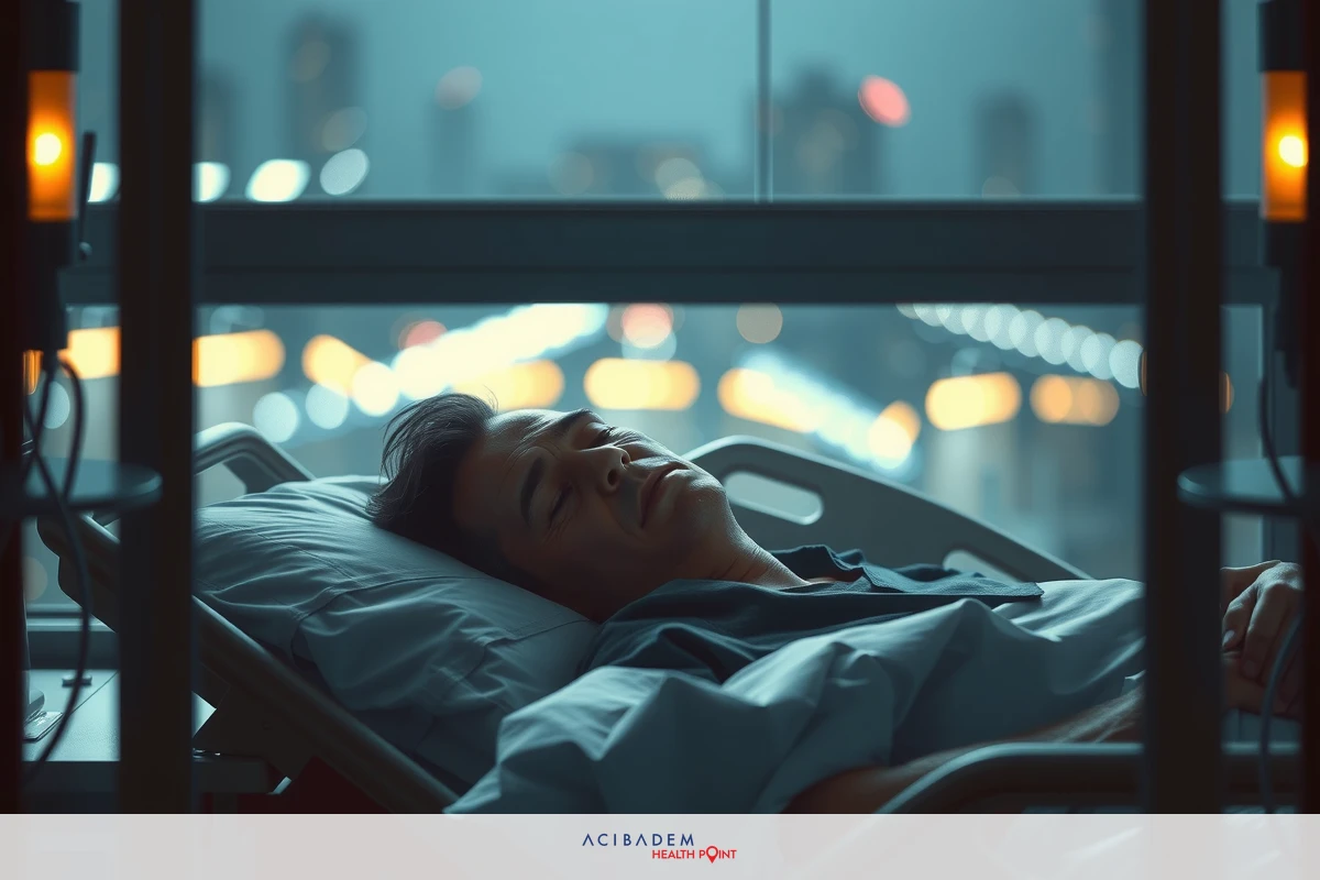 Man lying in a hospital bed. He appears to be smiling and relaxed. The room has an urban view through the window with city lights visible.