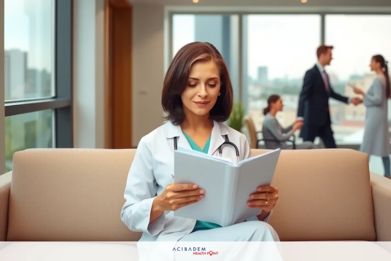 A woman in a white doctor's coat sitting on a couch reading medical papers, surrounded by an office environment with other professionals present.