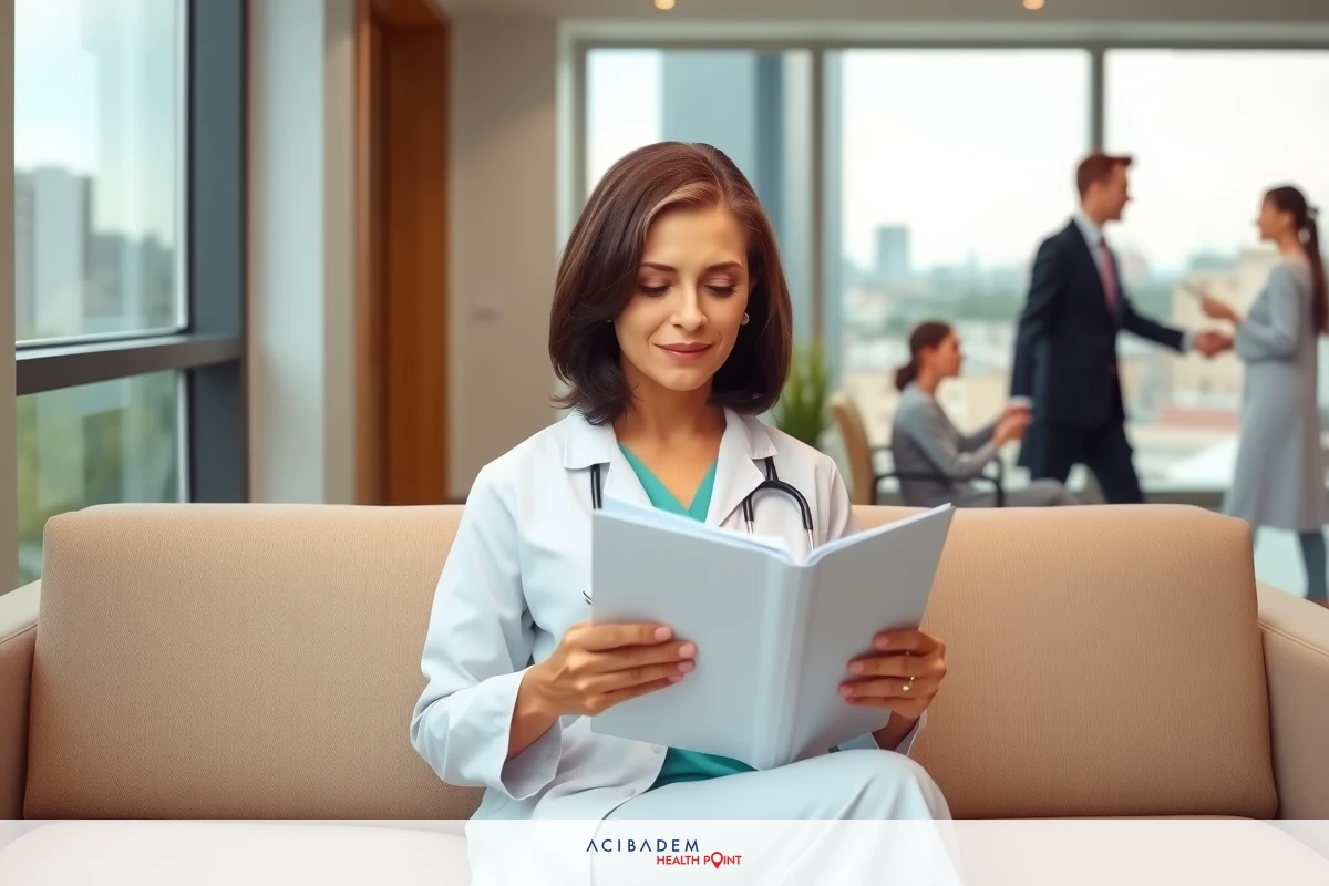 A woman in a white doctor's coat sitting on a couch reading medical papers, surrounded by an office environment with other professionals present.