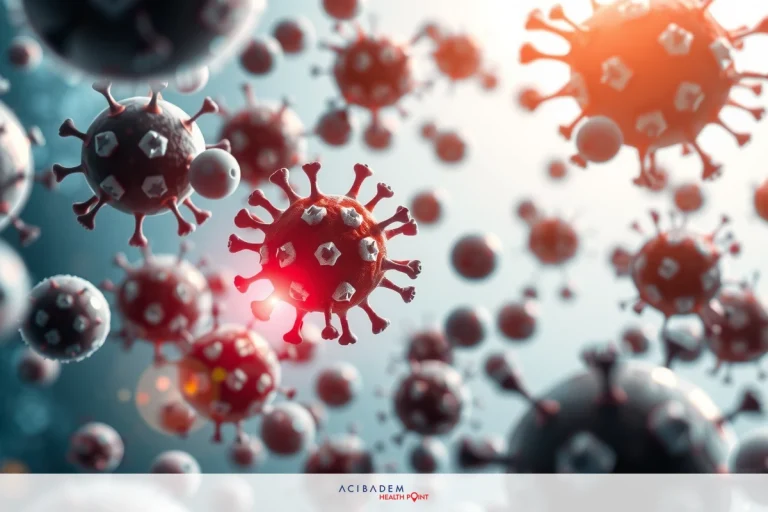 Steps in CAR T-cell Therapy The image displays a close-up of numerous virus particles, possibly representing the spread of disease or infection. The viruses have a common shape with multiple protrusions and are set against a dark background that suggests depth or distance.