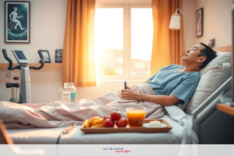The image shows an indoor hospital room during the day. The patient is lying in bed with blankets, and there's a breakfast tray beside them containing fruits and juice.