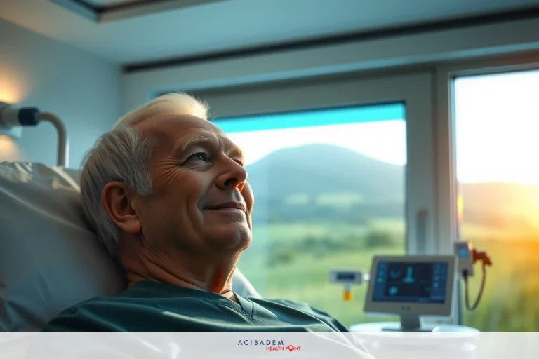The image shows a man in a hospital bed, looking out of a large window. The environment suggests a calm and peaceful atmosphere with natural light entering the room through the window.