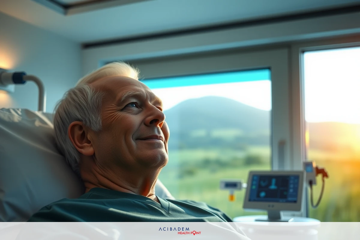 The image shows a man in a hospital bed, looking out of a large window. The environment suggests a calm and peaceful atmosphere with natural light entering the room through the window.