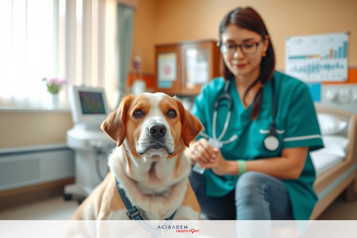 In this image, a veterinary assistant in a blue uniform is seated at a desk with an examination table. She is wearing stethoscope earpieces. In front of her, there is a brown and white dog sitting on the floor.