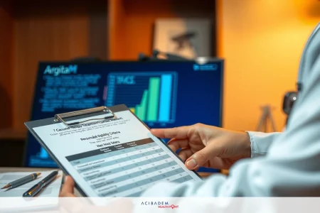 A healthcare professional holding a clipboard with medical paperwork and reviewing graphs on a computer screen. The environment suggests a clinical setting.