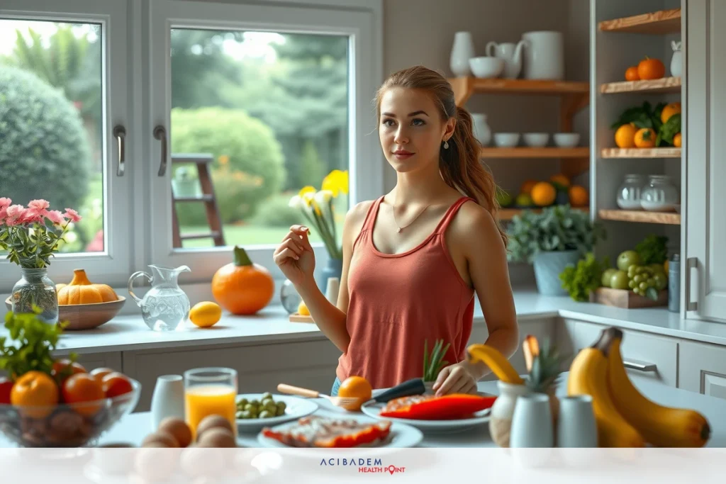 The image is a vibrant, colorful photograph of a woman in an indoor kitchen, focusing on healthy food preparation. She is surrounded by various fruits and vegetables, such as oranges, bananas, and apples. The setting suggests a homey environment with natural light coming through the window, creating a warm atmosphere.
