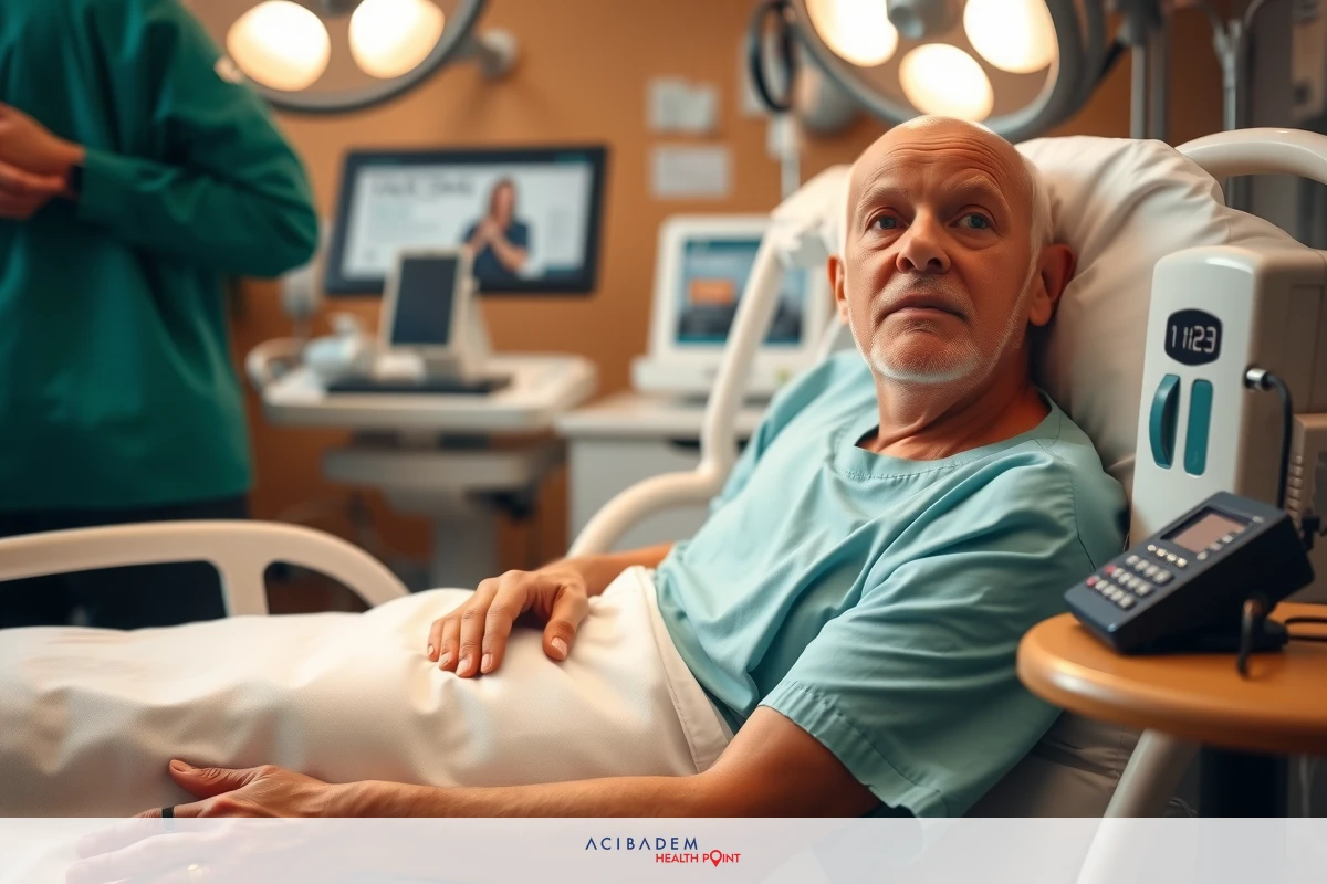 The image shows a man in a hospital bed with various medical equipment around him. He is dressed in hospital attire, likely for medical monitoring purposes. The room has a clinical ambiance with bright lighting that's common in healthcare settings.