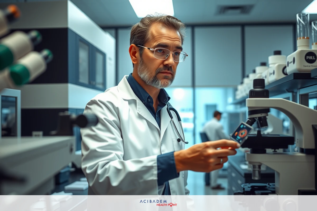 A man in a white lab coat standing by a microscope, likely examining samples or conducting research in a laboratory setting with various scientific equipment.