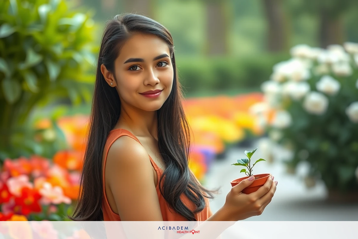 A woman holding a small plant in an orange pot. She is smiling and appears to be in a well-maintained garden or park with colorful flowers in the background.