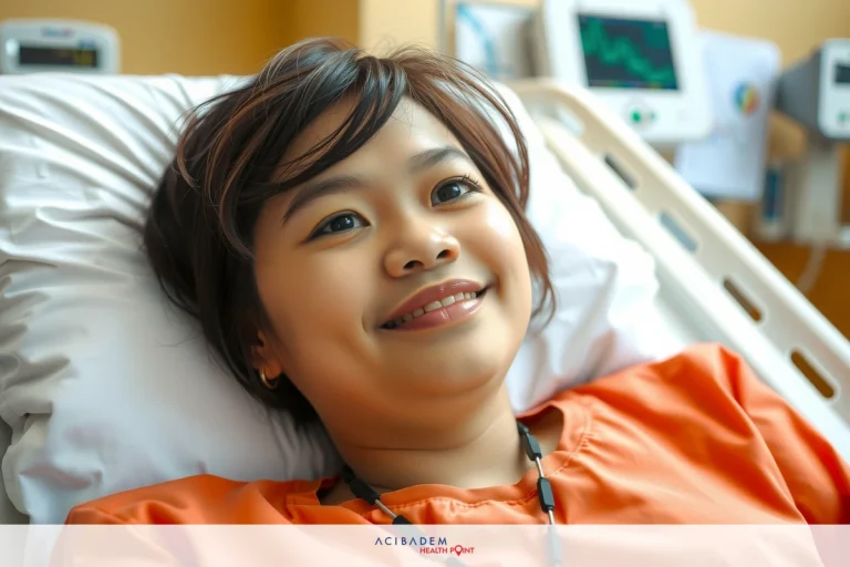 CAR T-Cell Therapy Cost in Singapore This is a medical facility. The woman appears to be in the process of being monitored by healthcare equipment, possibly post-surgery or during an ongoing medical treatment. She is smiling and seems comfortable.