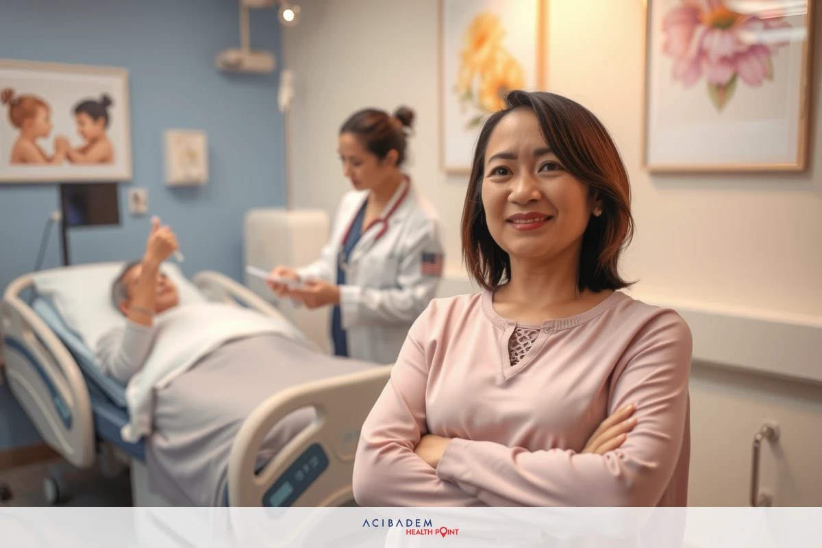 In a hospital setting, two healthcare professionals are attending to a patient. One is seated on a bed, dressed in medical scrubs, and the other stands beside her, possibly reviewing documents or instructions related to patient care.